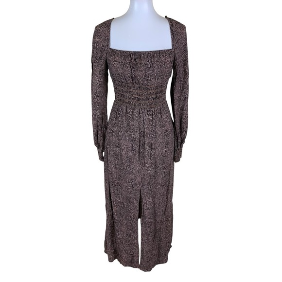 AFRM Dresses & Skirts - AFRM Brown Ditsy Print Square Neck Long Sleeve Midi Dress Boho Medium